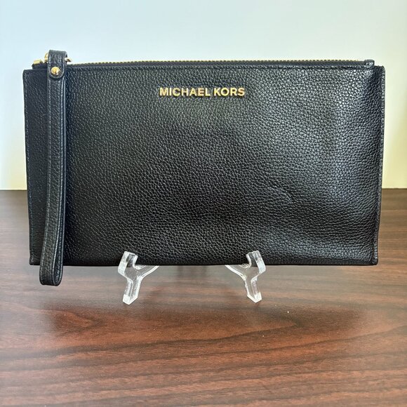 Michael Kors Large Black Jet Set Pebble Leather Wristlet - Picture 1 of 6
